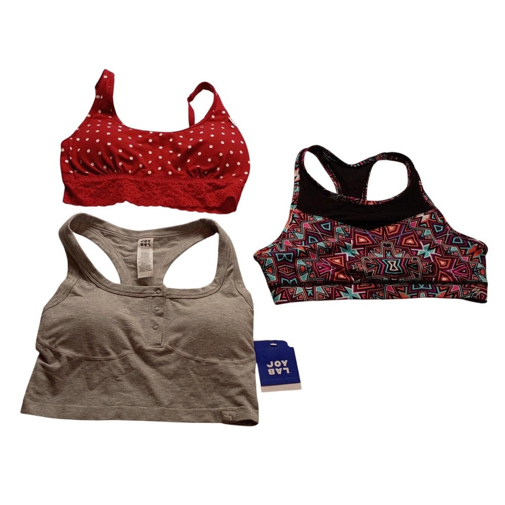 Joy Lab Sports Bra Set Women's 3-Pack Polka Dot Geometric Gray Active NWT Size M